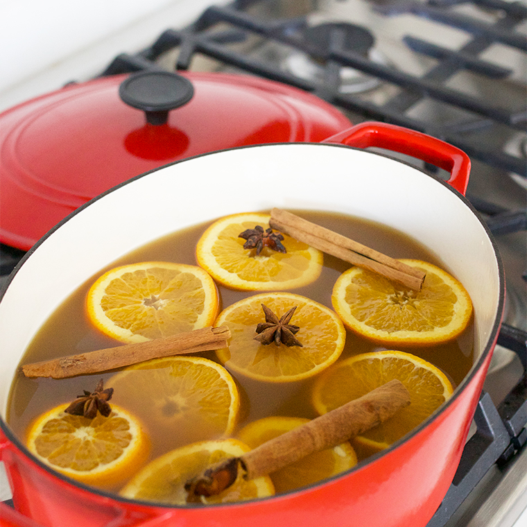 Red dutch oven on stovetop with cider, oranges, anise and cinnamon sticks